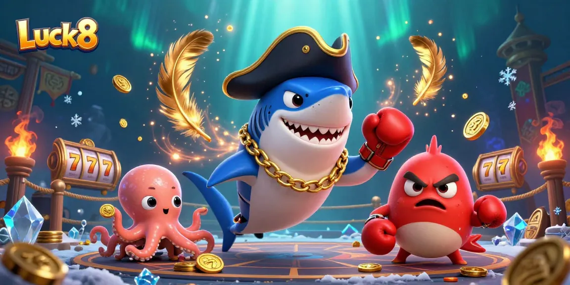 Engage with Luck8's thrilling gaming adventure featuring a cartoon shark, pufferfish, and octopus.
