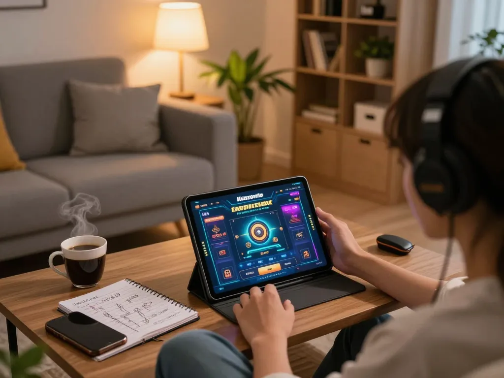 Pengaturan permainan online Kenzototo yang menunjukkan strategi dan permainan antusias di sofa yang nyaman.