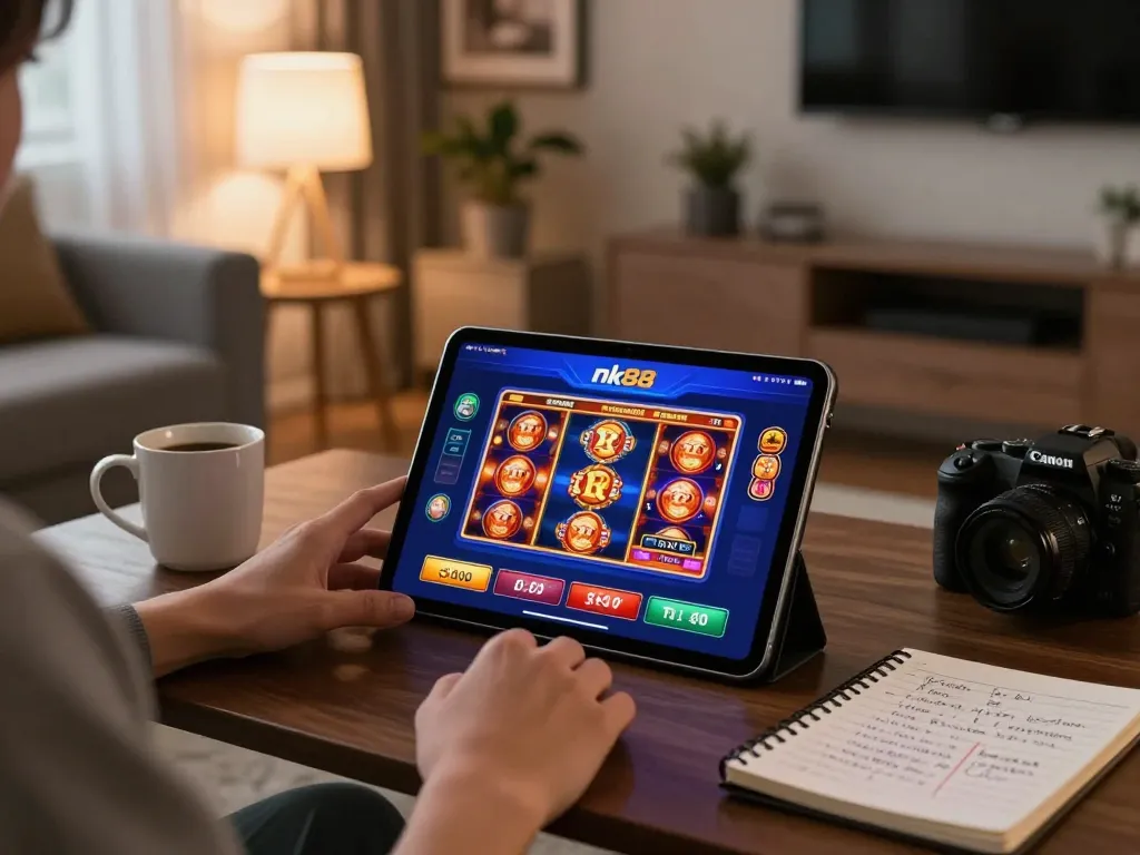 Experience engaging gameplay with nk88 bet on a tablet in a cozy living room setting.