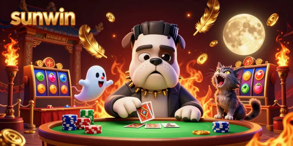 Engage in thrilling games at sunwin's vibrant casino illustrated scene with unique characters.
