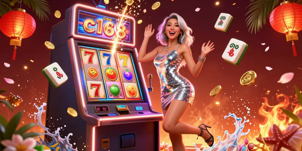 Experience excitement at c168 with a jackpot celebration featuring slots and festive decorations.