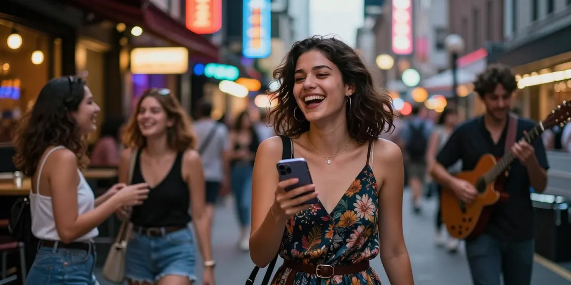 Gái gọi trong không gian đêm thành phố đầy ánh đèn neon và sự vui vẻ.