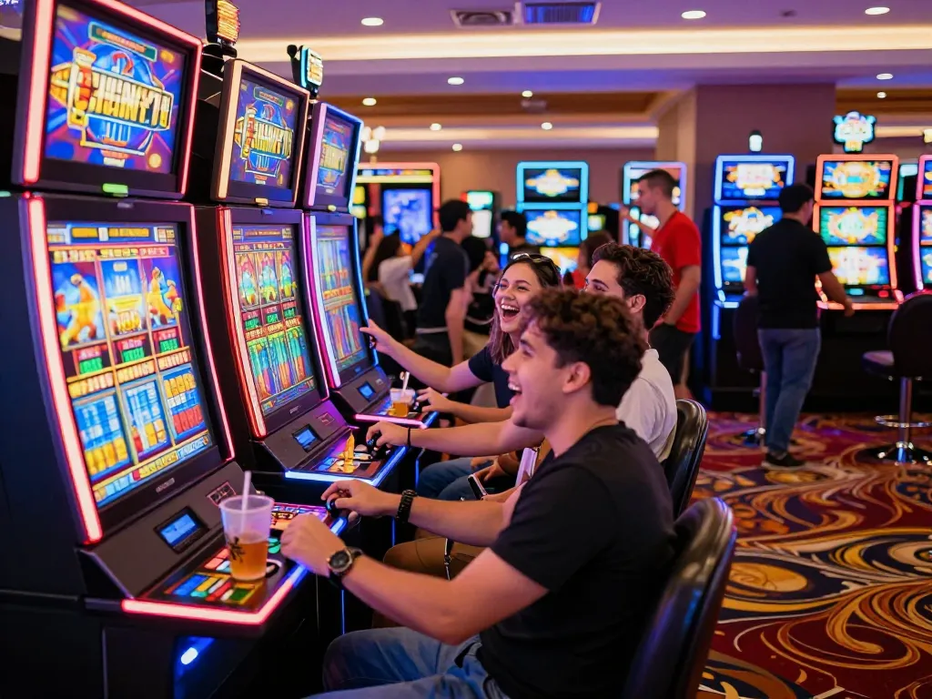 Suasana kasino yang menarik dengan teman-teman yang berinteraksi dengan mesin situs slot, suasana yang hidup dan pencahayaan yang dinamis.