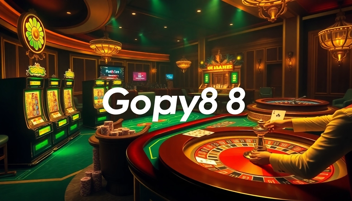 Engaging scene of Gopay88 Daftar with vibrant slots, poker tables, and roulette wheels.