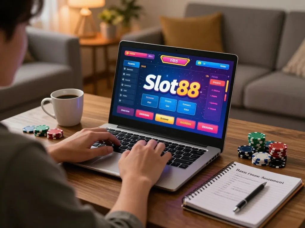 Play Slot88 online from home, engaging in strategic gameplay with warm inviting ambiance.