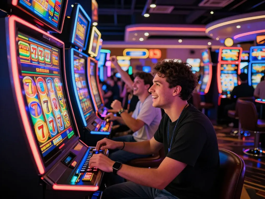 Player enjoying a thrilling moment at a slot 777 machine in a vibrant casino filled with celebrations and excitement.