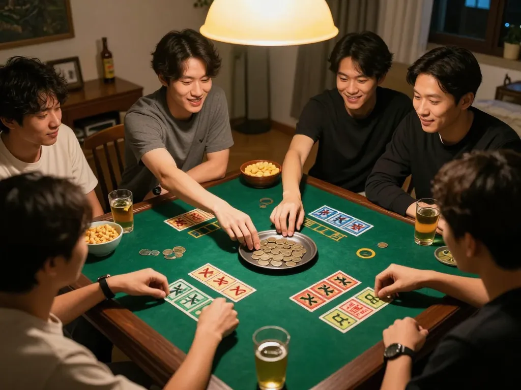 Xóc đĩa action as friends place bets around the table in an engaging home game.