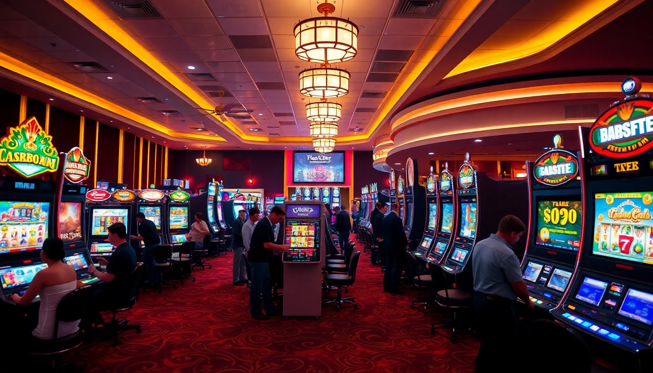 Menangkan Slot deposit 5000 pada mesin slot berwarna-warni dengan suasana kasino yang cerah.