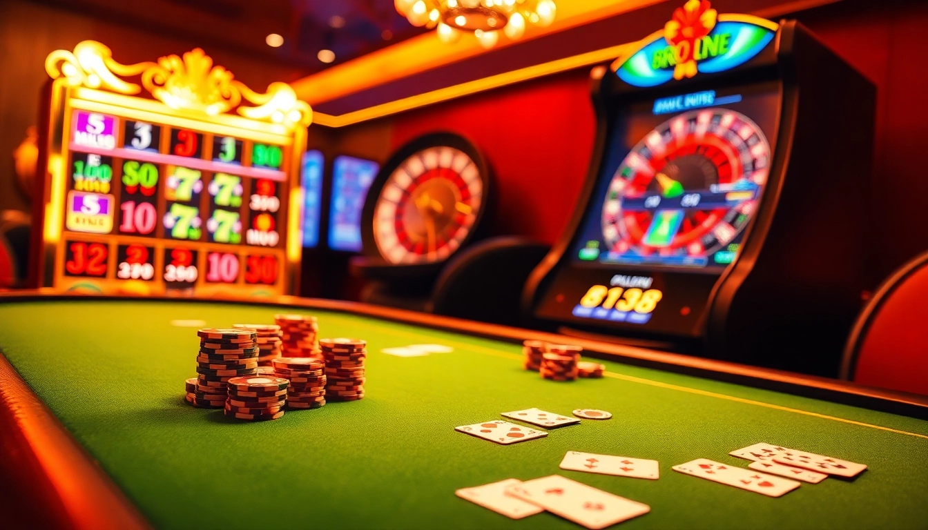 The excitement of online gambling at bro138 with a luxurious poker table and colorful slot machine.