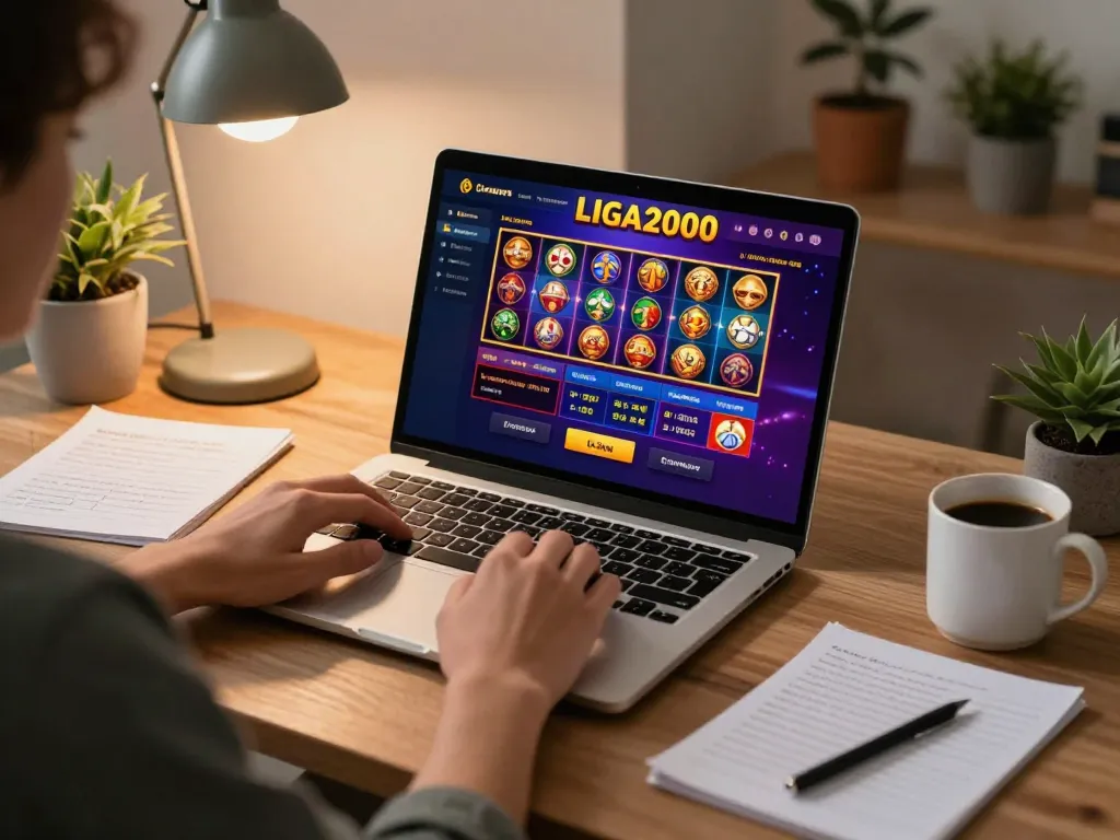 LIGA2000 player engaging with online slots at home, combining comfort and excitement in gaming.