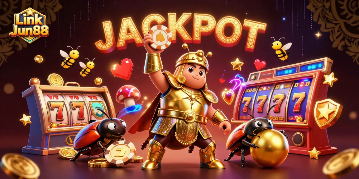 Engage with Link Jun88's gaming adventure featuring a golden armored beetle triumphantly holding a poker chip amidst vibrant casino elements.