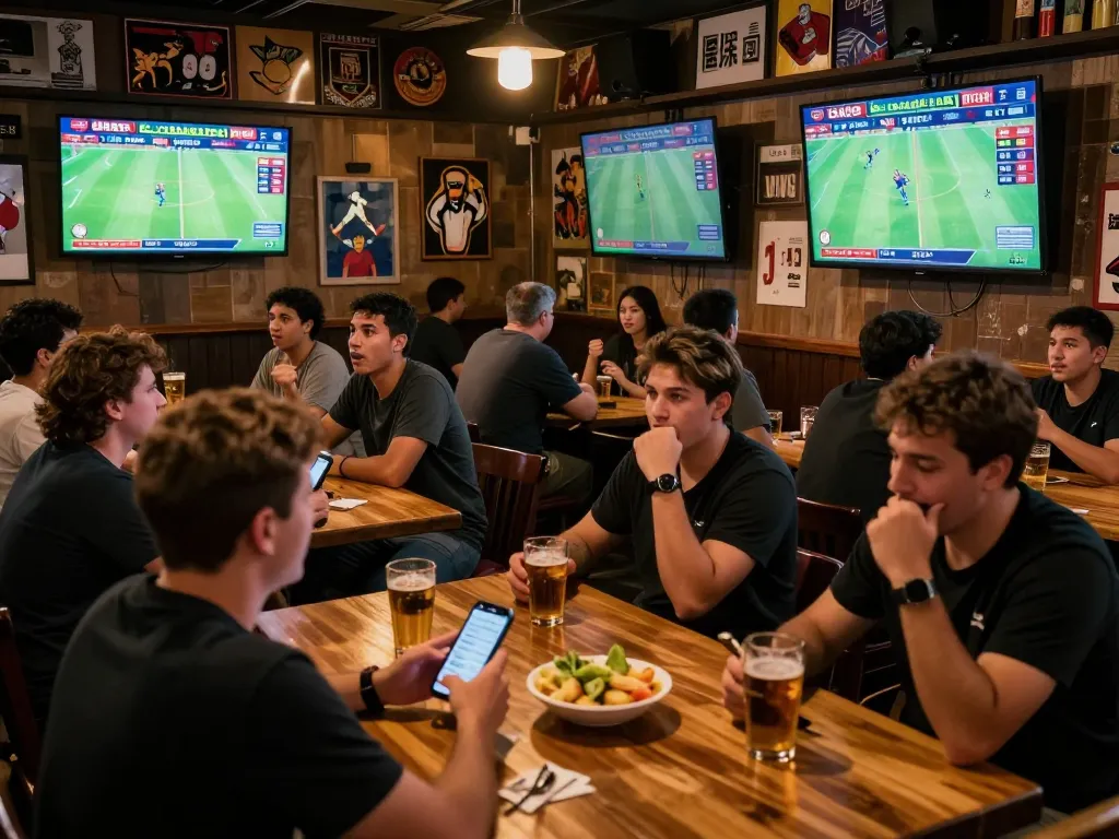 Experience kèo bóng đá trực tuyến with friends at a lively sports bar, cheering together and betting.