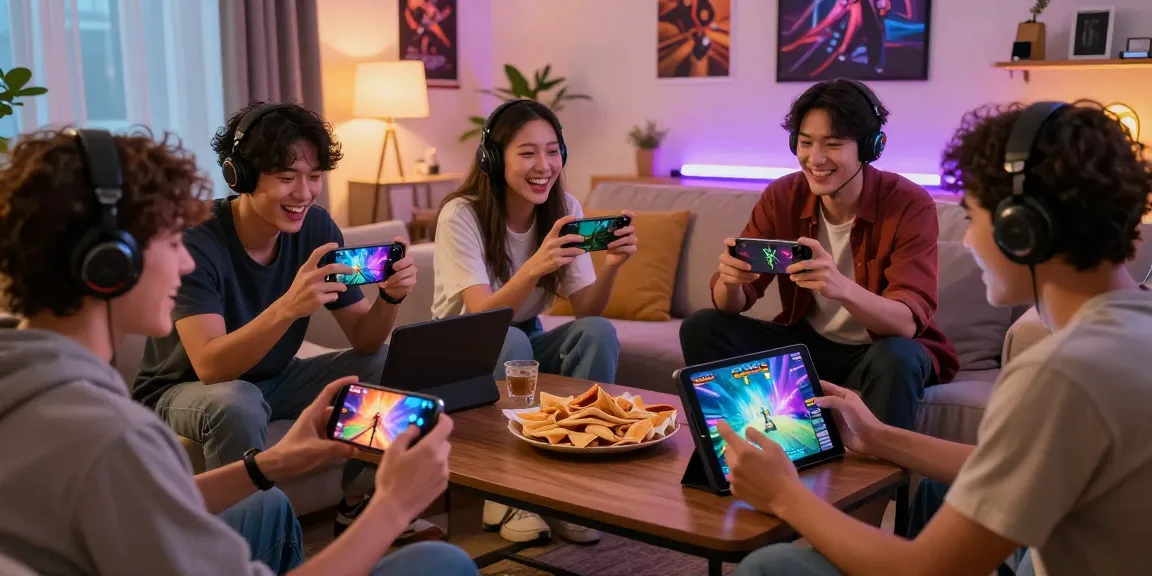 Friends enjoying intense gaming session on 68gamebai with vibrant visuals and snacks