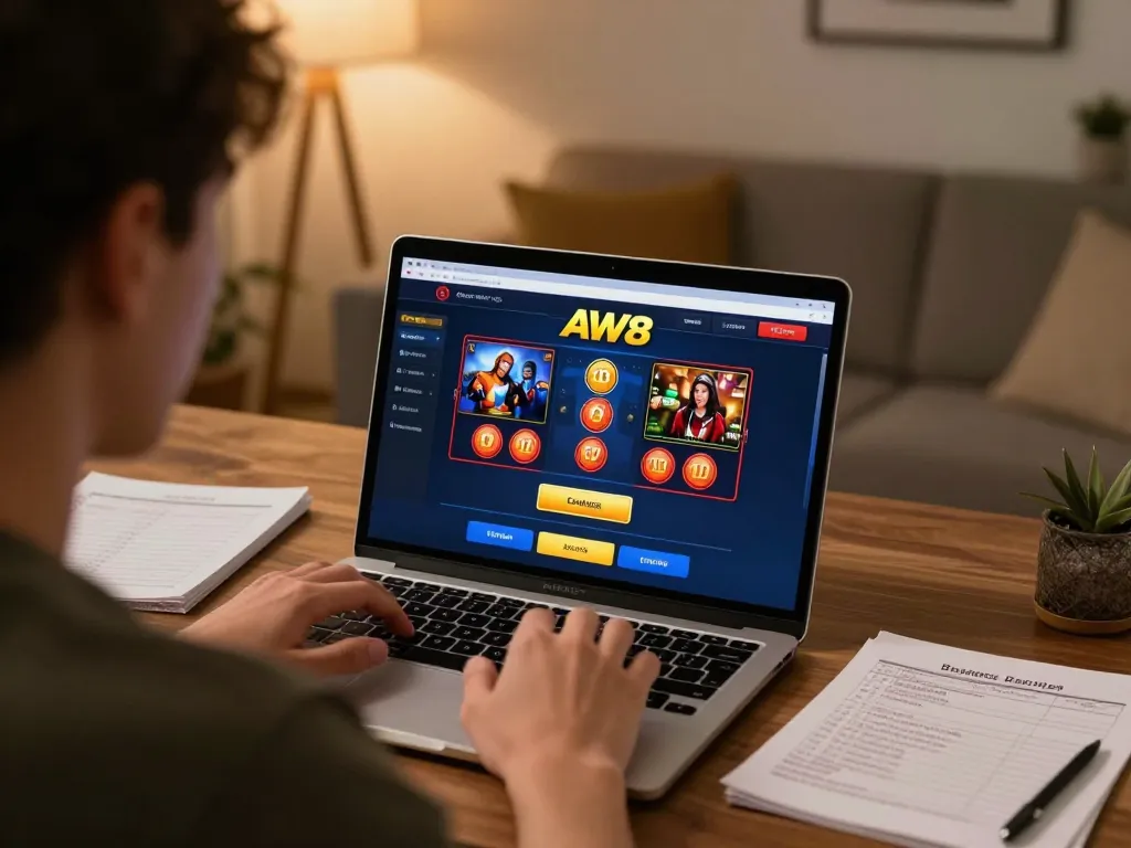 Person engaged in AW8 online gambling with laptop and strategy notes in a cozy setting.