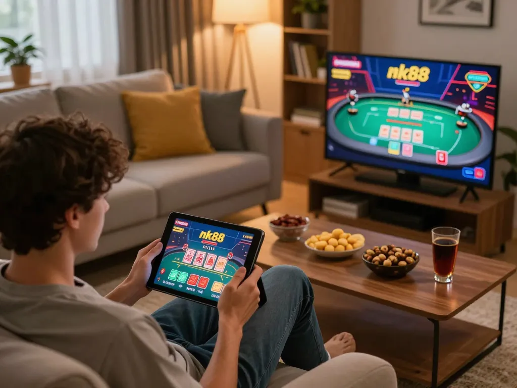 Engaging in nk88 bet while enjoying a cozy home environment, playing card games on a tablet