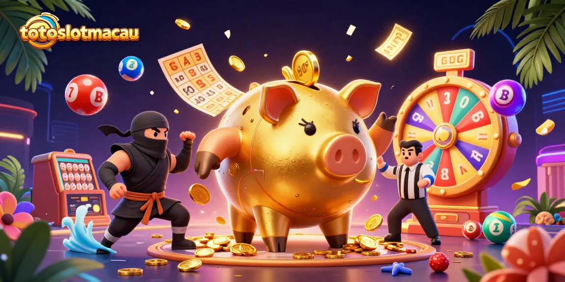Experience the thrill of totoslotmacau with golden piggy bank sumo wrestler and dynamic casino elements.