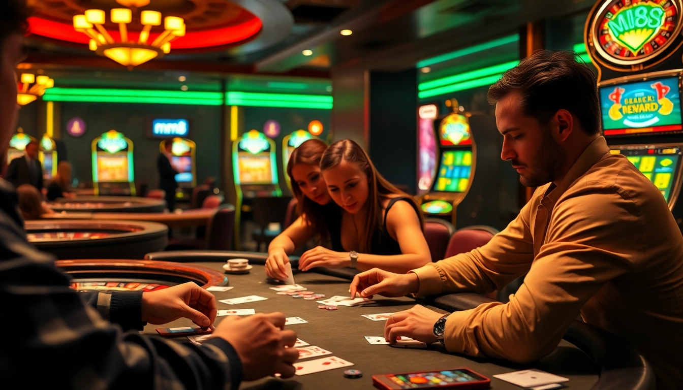 High-stakes poker game featuring mm8 strategies, casino tables, and excited players engaged in the thrill of gambling.