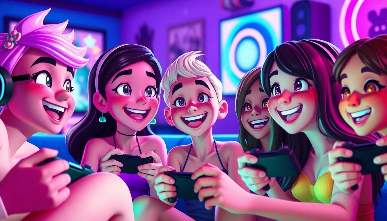 Porn games characters engaging joyfully in a vibrant gaming environment