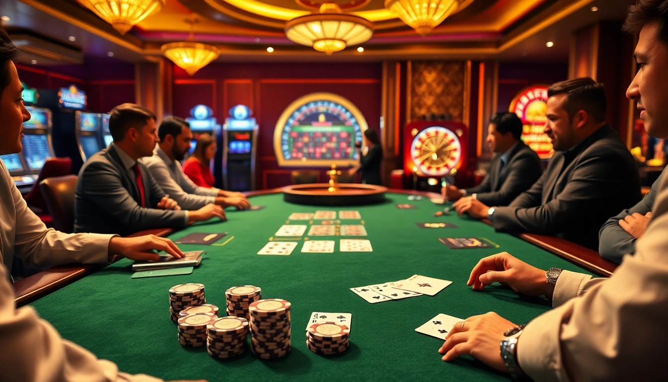 Engaged players at a luxurious poker table in mm88 casino, showcasing excitement and professionalism.