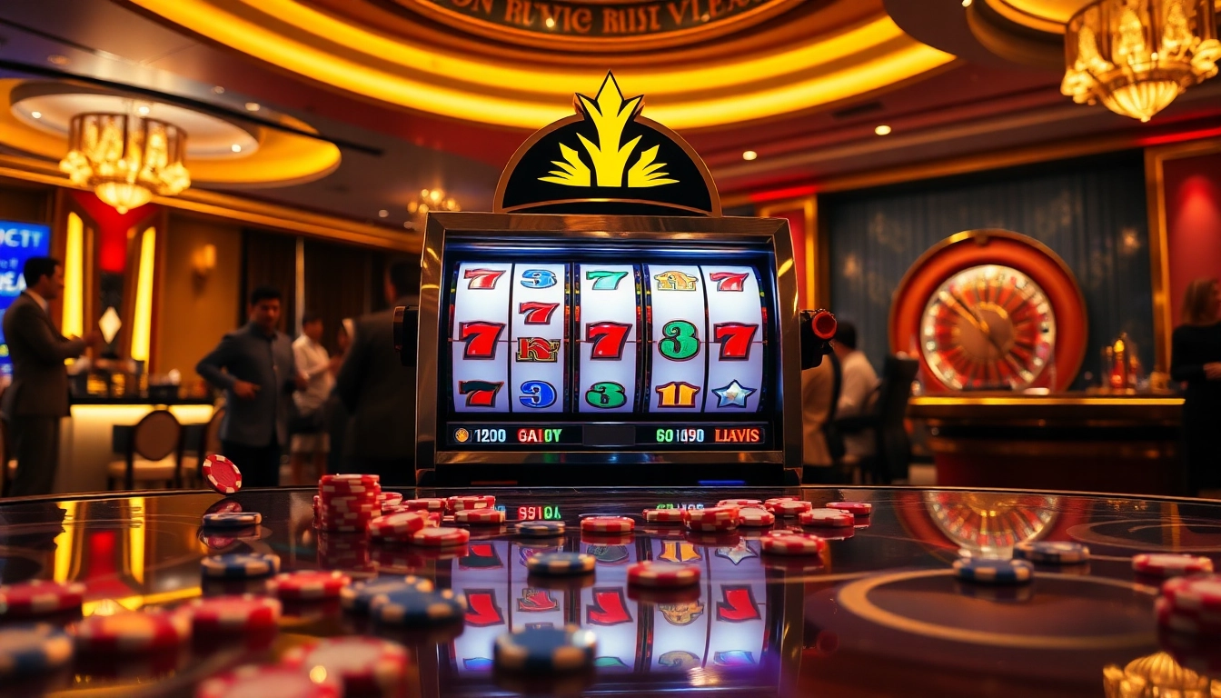Players enjoy a thrilling slot gaming experience amidst a vibrant casino atmosphere.