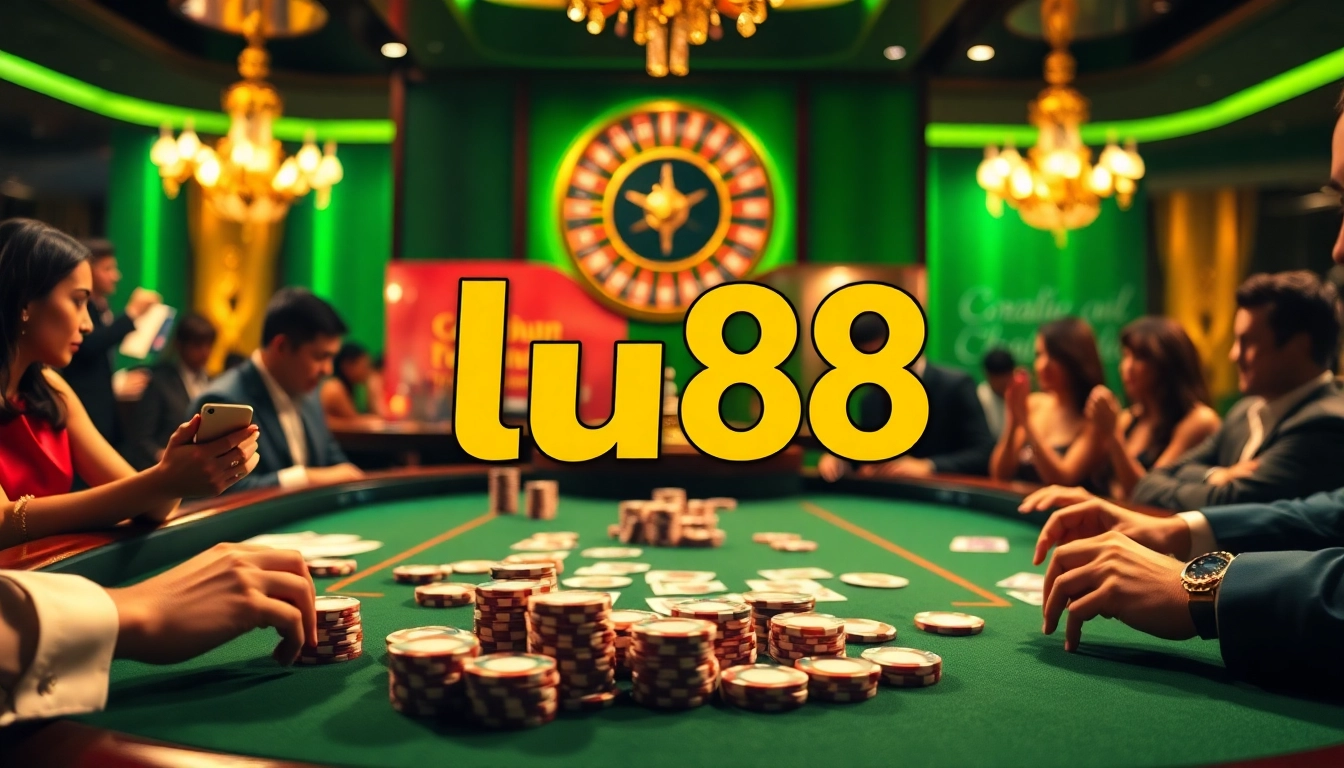 Players engaging at a luxurious poker table at lu88 casino, emphasizing excitement and strategy.