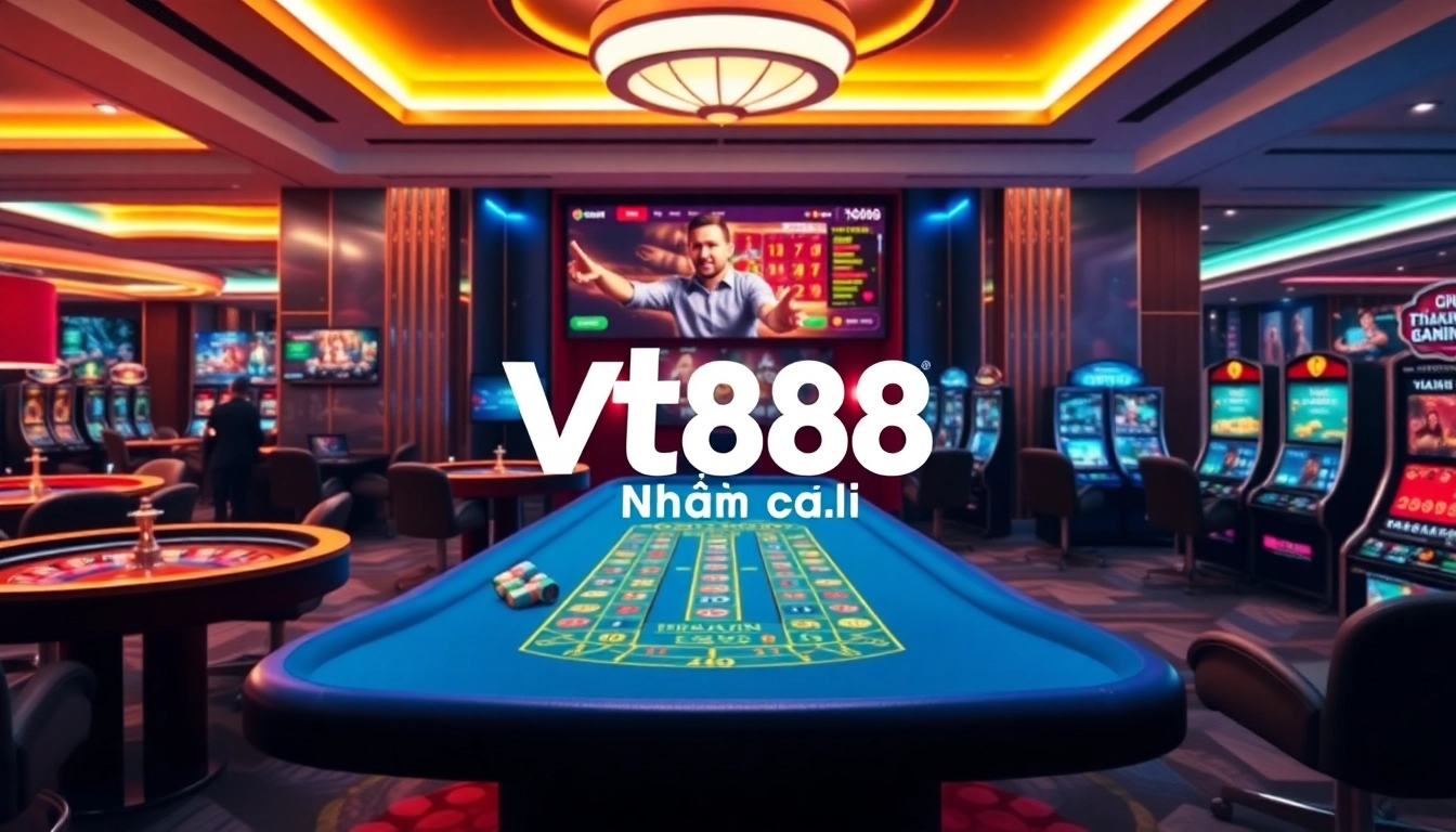 Vt88 nhà cái showcasing an interactive online casino with poker tables and slot machines.