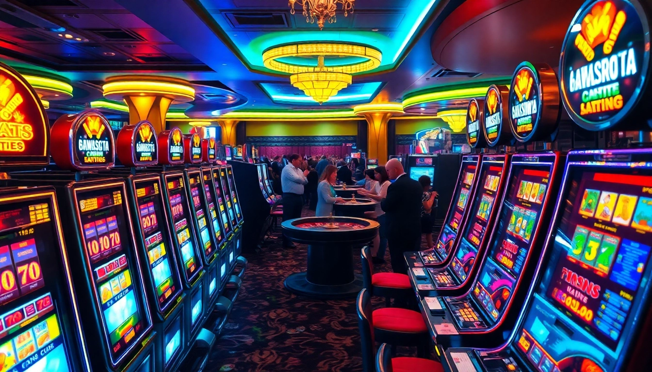 Slots glowing brightly as players enjoy the thrill of winning in a luxurious casino.