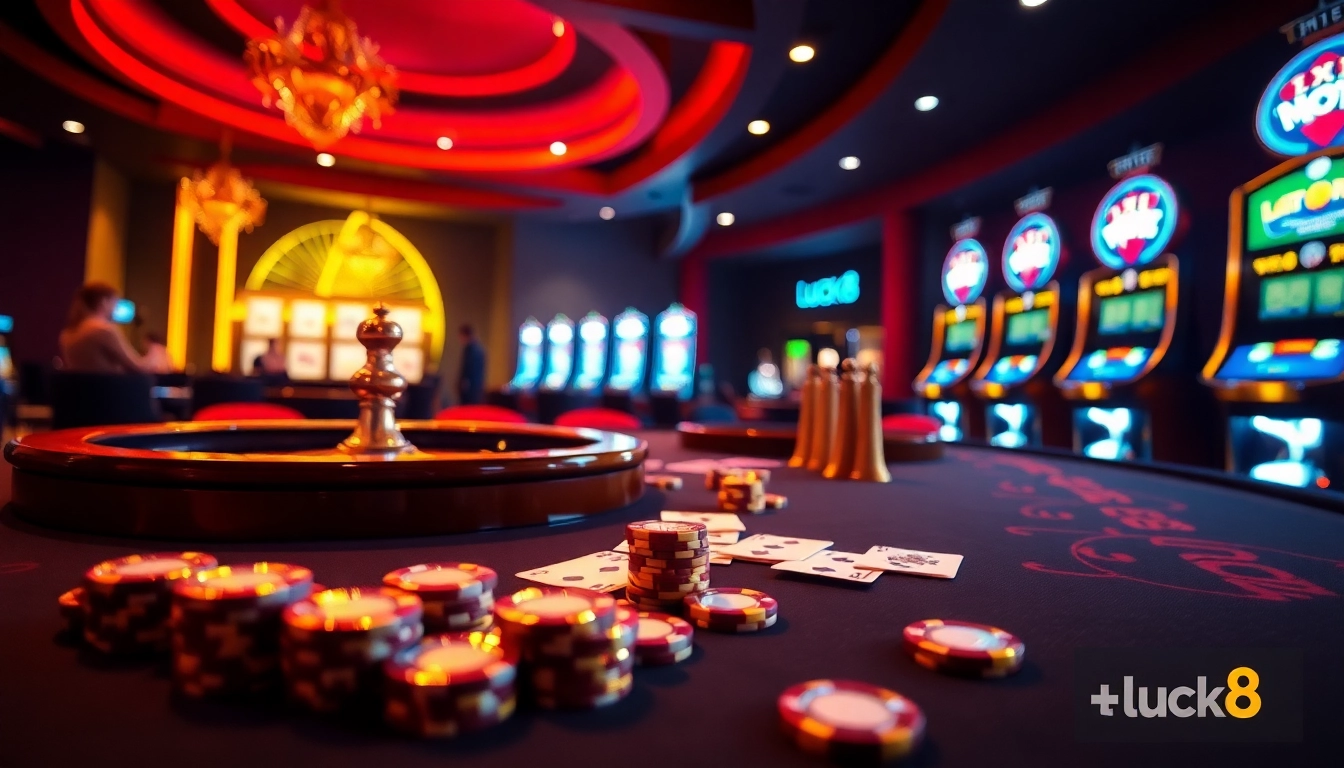 Experience the excitement of luck8 at a luxury casino table filled with poker chips and roulette wheels.