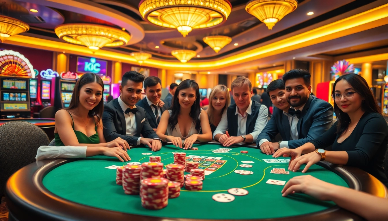 KJC players engage in high-stakes poker surrounded by vibrant casino decor.