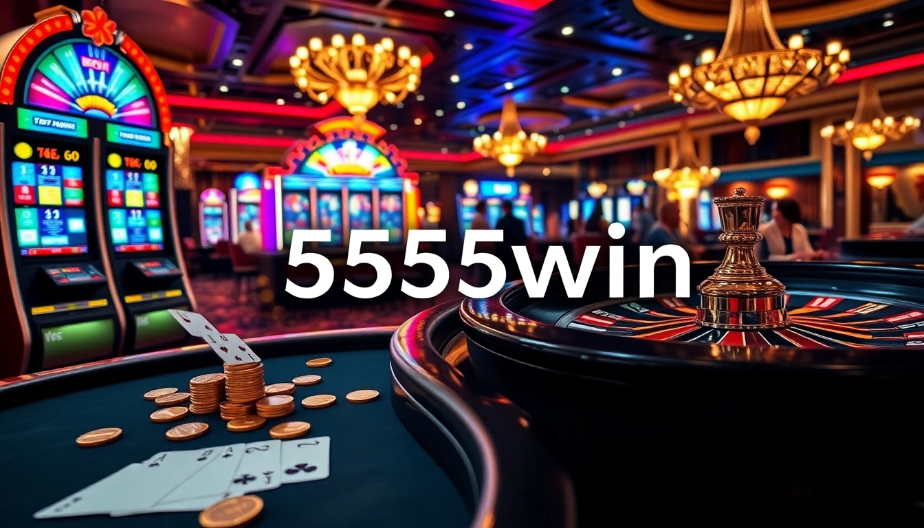 Experience the excitement of 555win with colorful slot machines and a vibrant poker table.