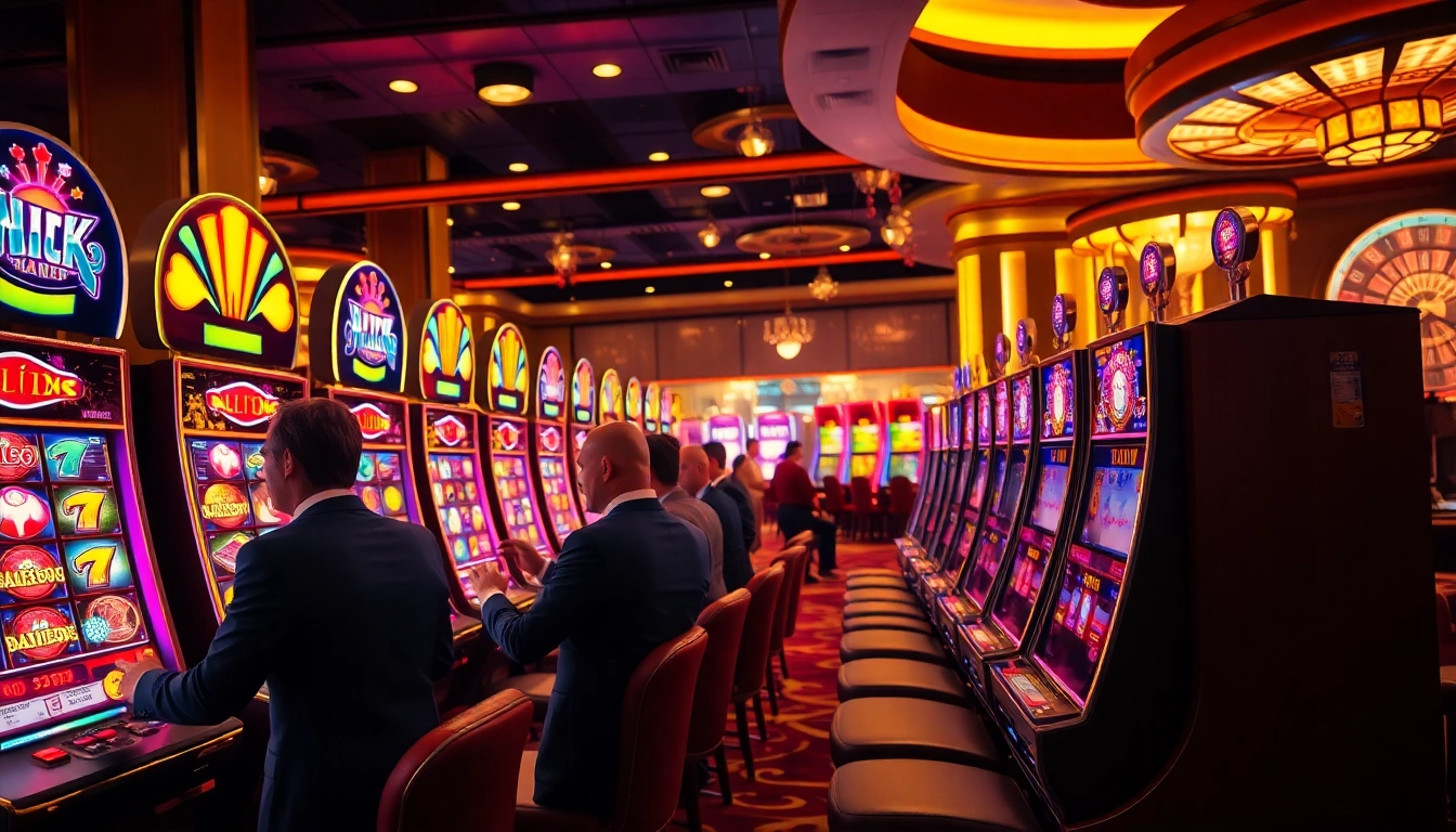 Excited players enjoying their spins on slot machines in a luxurious casino atmosphere.