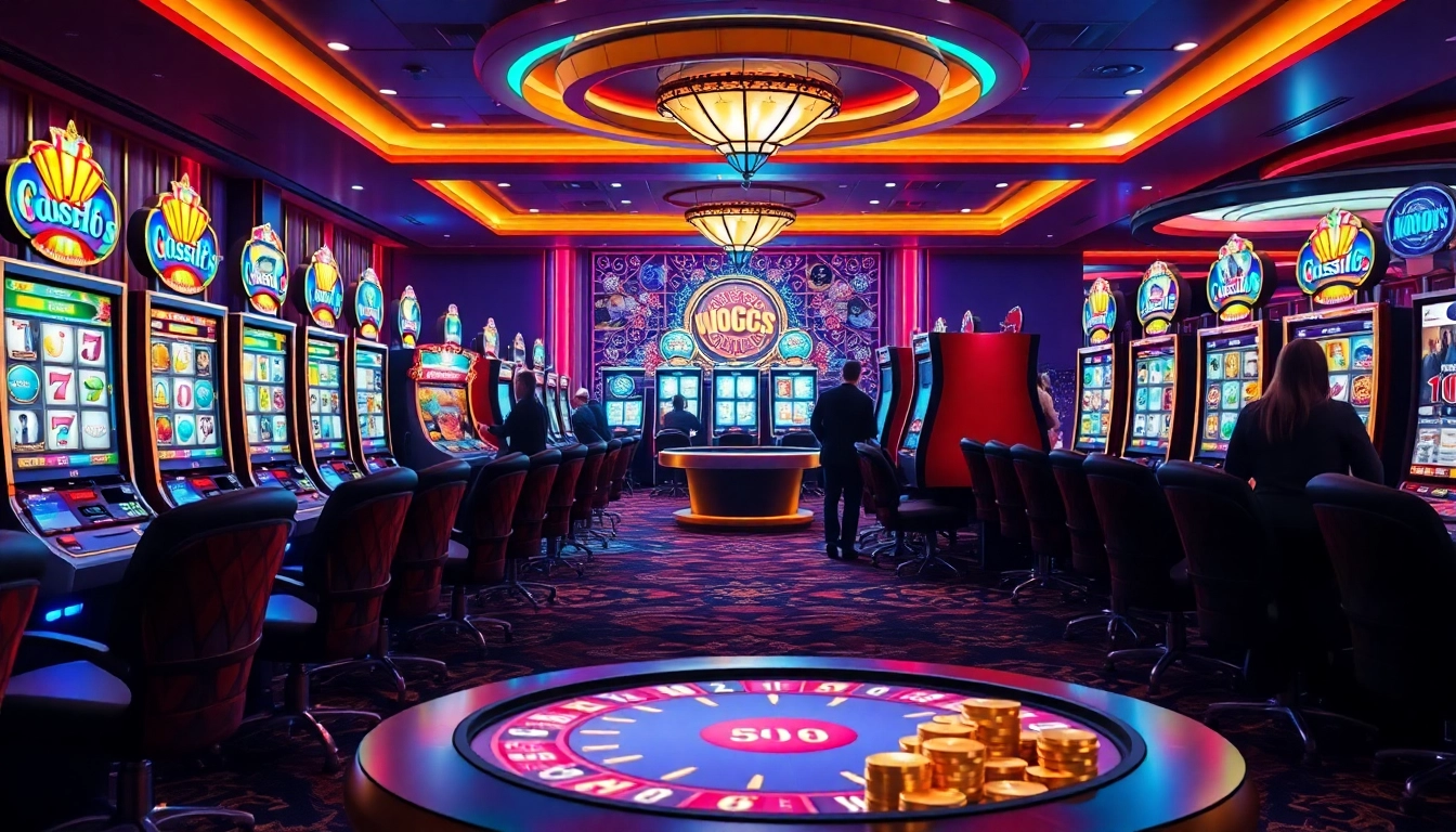 Players enjoying a vibrant slot gacor terpercaya area in a luxurious casino, highlighting excitement and engagement.