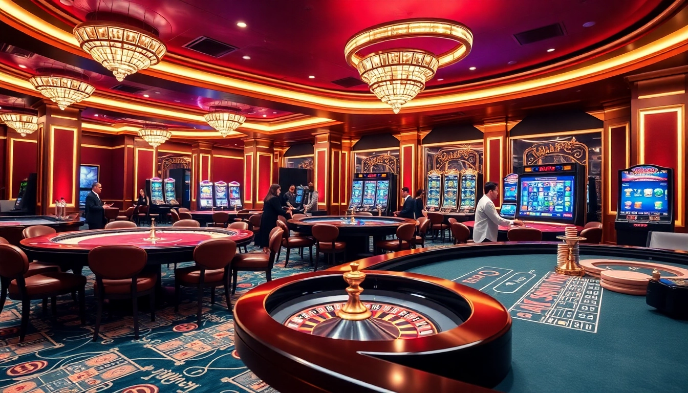 KJC themed casino scene showcasing vibrant tables and engaged players in a luxurious setting.