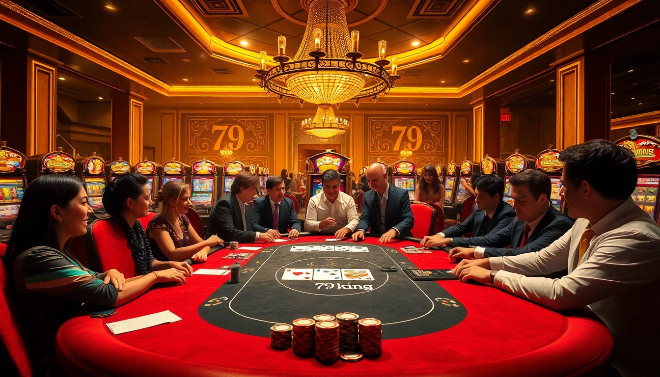 Players engaging in high-stakes poker at 79 king casino with vibrant decor and thrilling atmosphere.