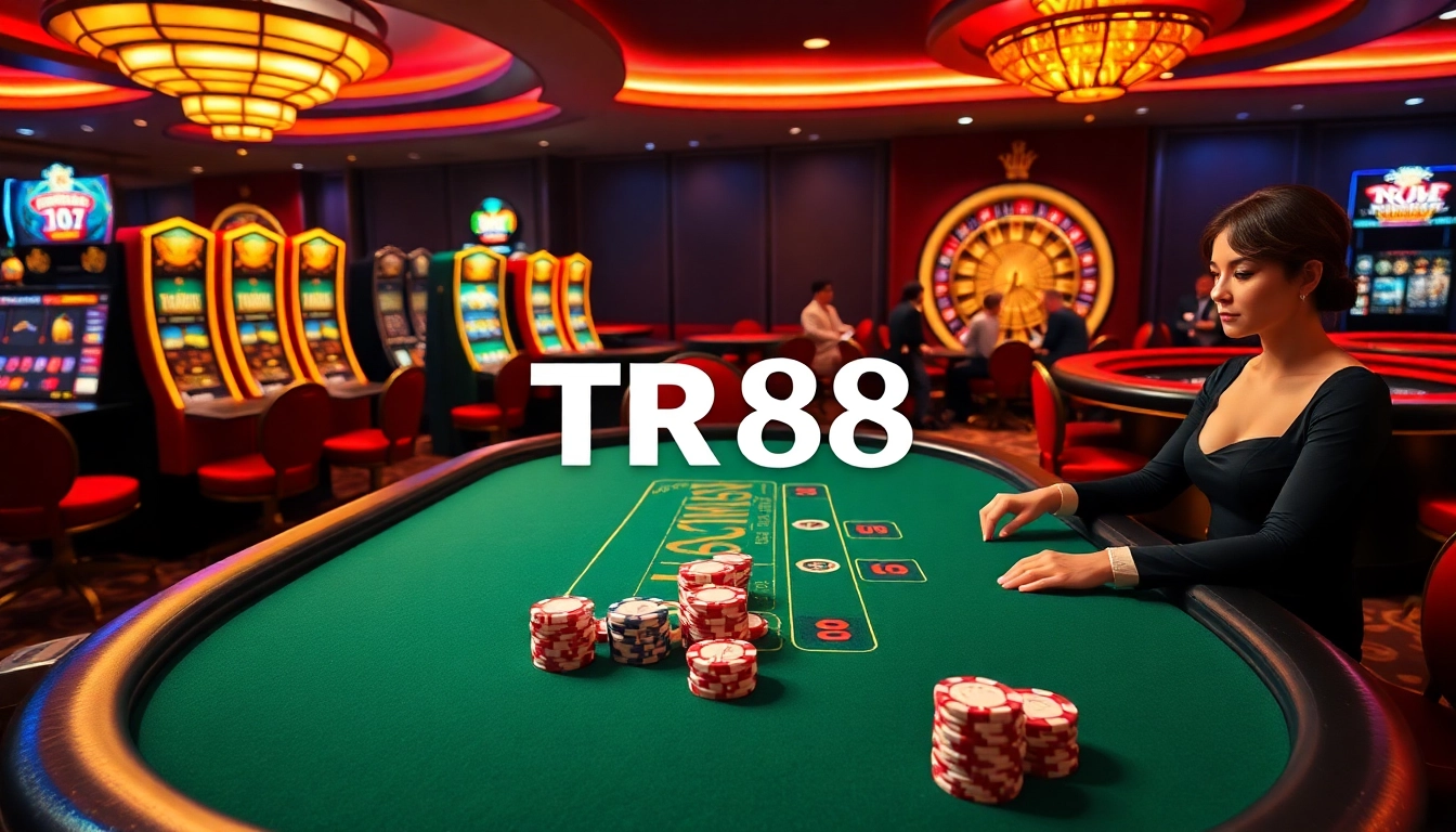 Experience the thrill of gaming at TR88 CASINO with poker tables and vibrant slot machines.