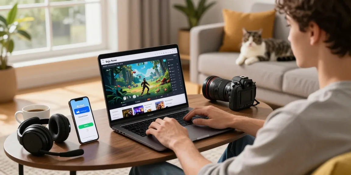 Engaged user accessing Raja Game login on a laptop in a cozy modern living room, surrounded by gaming gear.
